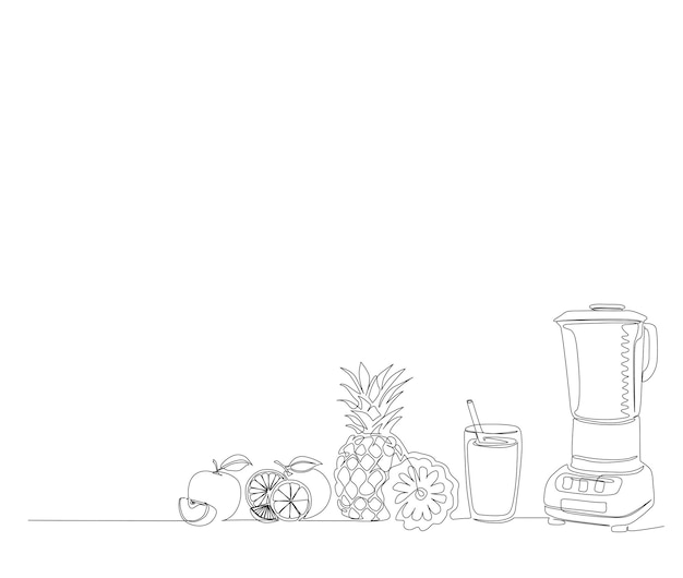 Vettore disegno continuo di una linea di succo e frutta di blender succo di ananas arancione e mela vettore di una linea modificabile