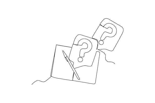 Continuous one line drawing book pencil and question mark Frequently Asked Questions Concept Single line draw design vector graphic illustration
