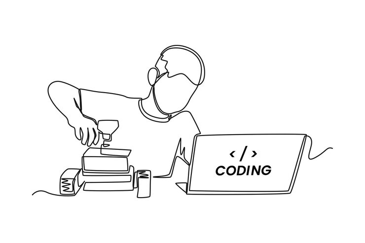 Vector continuous one line drawing boy kid programmer makes programming language code in front of the laptop programming code concept single line draw design vector graphic illustration