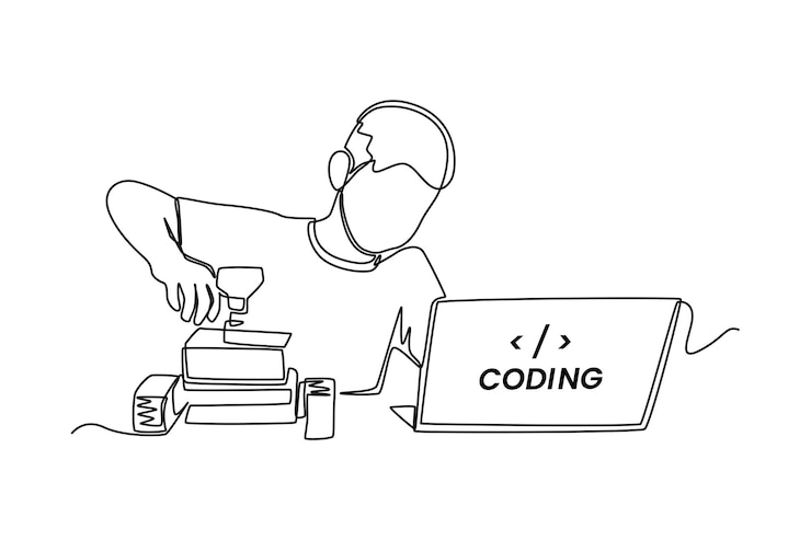 Vector continuous one line drawing boy kid programmer makes programming language code in front of the laptop programming code concept single line draw design vector graphic illustration
