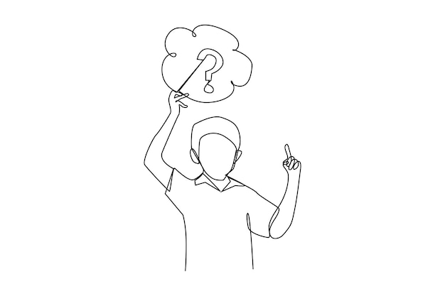 Continuous one line drawing boy and question mark Frequently Asked Questions Concept Single line draw design vector graphic illustration