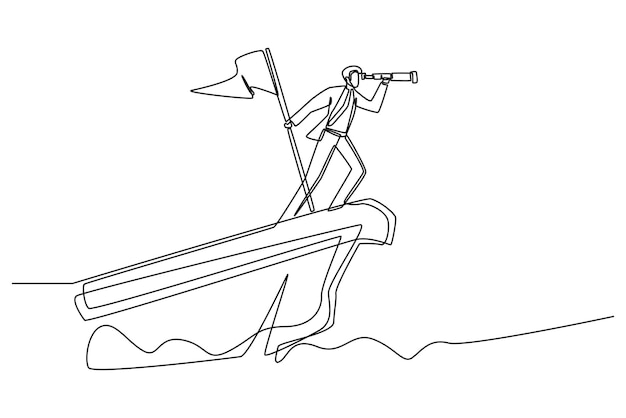 Continuous one line drawing a business man standing with binoculars and a flag on the tip of a boat looking at a good business opportunity single line draw design vector graphic illustration