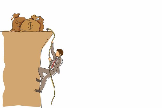 Vector continuous one line drawing businessman doing rope climbing towards money bag climber hanging