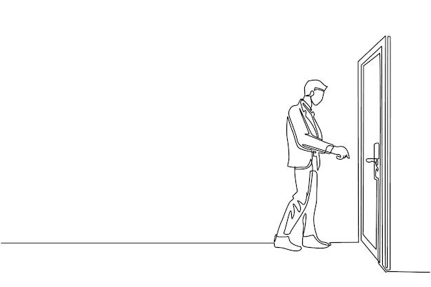 Continuous one line drawing businessman inserts the key into the keyhole which is on the door vector