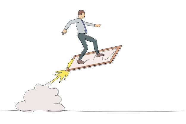 continuous one line drawing businessman riding clipboard rocket flying in the sky analyze data