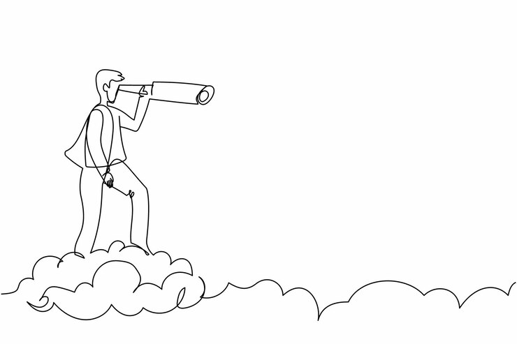 Vector continuous one line drawing businessman riding cloud holding telescope design vector illustration