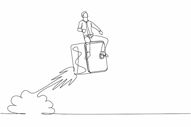 Continuous one line drawing businessman riding a safe deposit box rocket flying in the sky