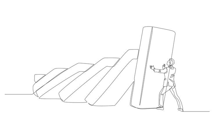 Vector continuous one line drawing of businessman stopping domino effect risk management concept