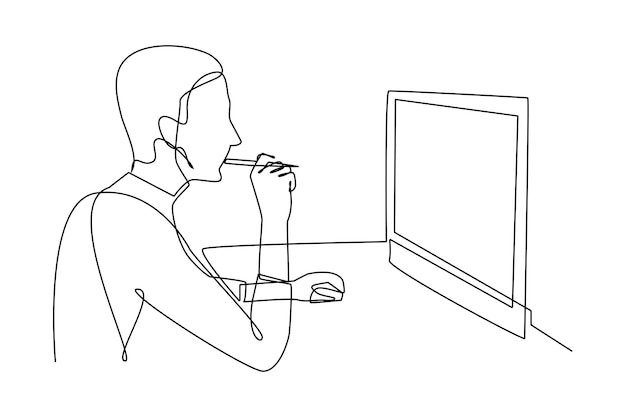 コンピューターの前でプロジェクト計画を考える連続1線画ビジネスマン プロジェクト計画コンセプト 単線描画デザイン ベクトル グラフィック イラスト
