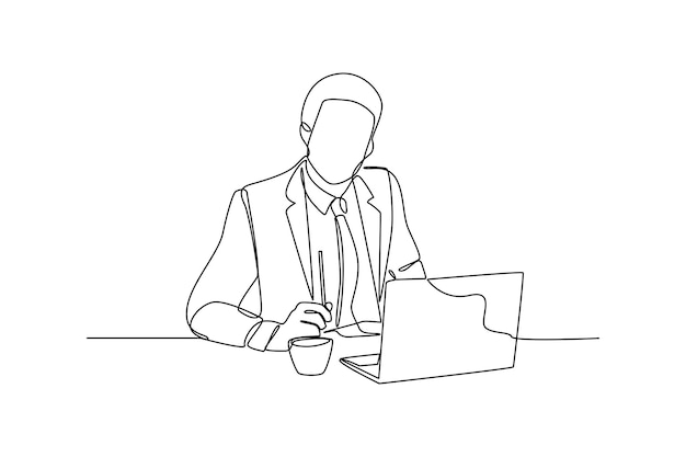 Continuous one line drawing businessman working in front of the laptop Business activities concept Single line draw design vector graphic illustration