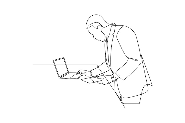 Continuous one line drawing businessman working in front of the laptop Business activities concept Single line draw design vector graphic illustration