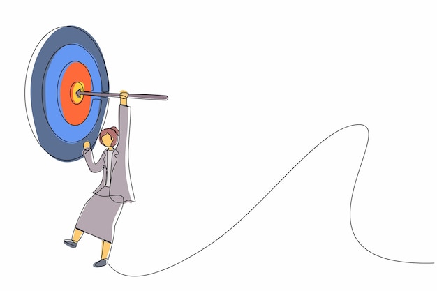 한 줄의 연속적인 그림 사업가 여성이 목표 사업 성공 개념 터에 화살표를 매달고 있습니다.
