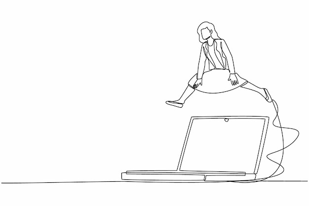 大きなラップトップコンピュータを飛び越えるビジネスウーマン システム情報