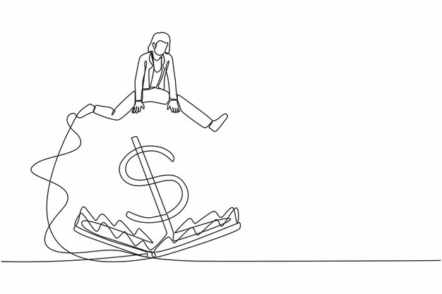 Vector continuous one line drawing businesswoman jumping over money pitfall with big money dollar symbol