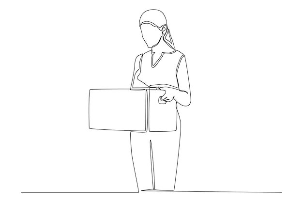 Continuous one line drawing businesswoman packing up personal belongings in the resign box Single line draw design vector graphic illustration