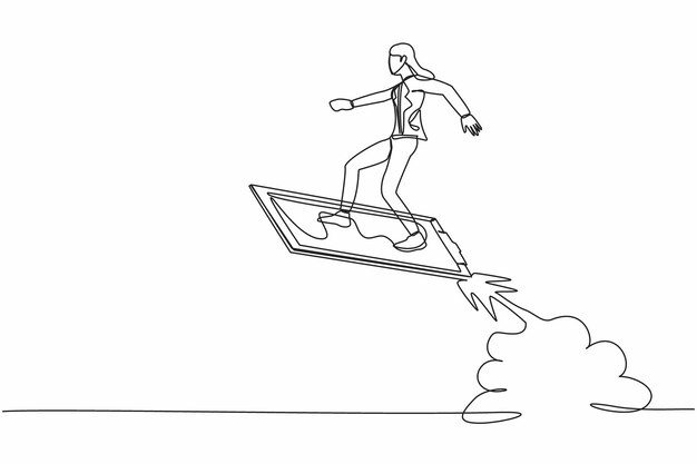 Continuous one line drawing businesswoman riding clipboard rocket flying in the sky design vector