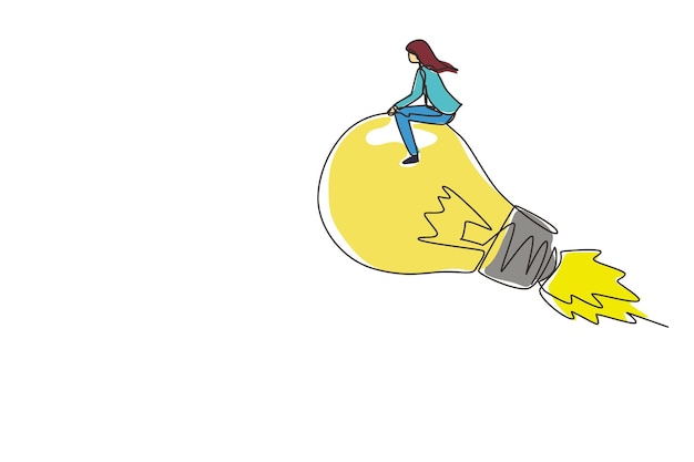 Vector continuous one line drawing businesswoman riding flying lightbulb lamp with rocket innovation