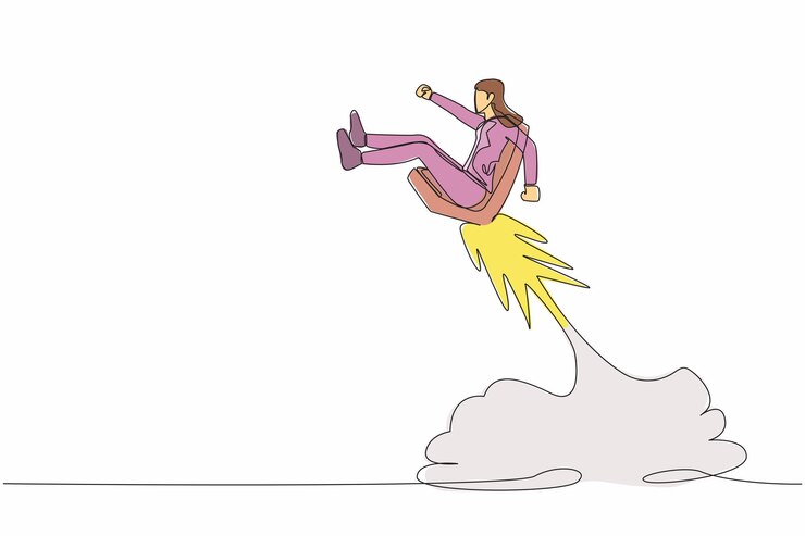 Vector 空を飛ぶオフィスチェアロケットに乗ったビジネスウーマンを連続して一行に描いた絵