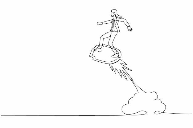 Continuous one line drawing businesswoman riding shield rocket flying in the sky Business security