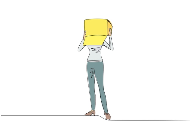 Continuous one line drawing businesswoman stood up and covered head with cardboard box illustration