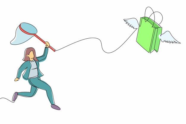 Vector continuous one line drawing businesswoman try to catching flying shopping bag with butterfly net