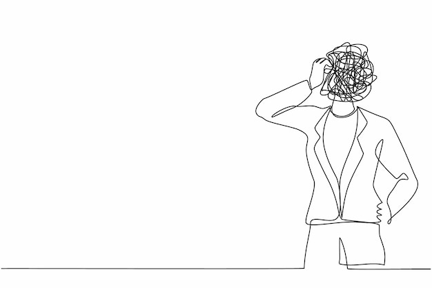 Vector continuous one line drawing businesswoman with round scribbles instead of a head doubting woman