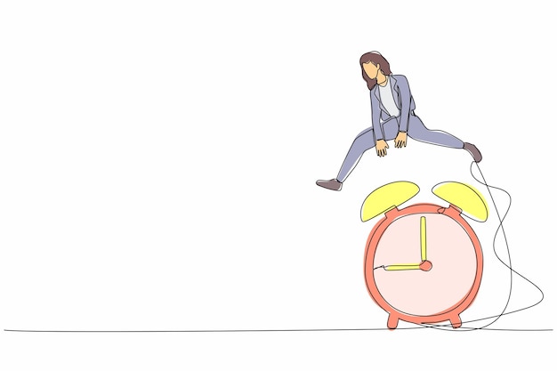 Вектор Непрерывный рисунок одной линии бизнес-женщины прыгают или проходят песочные часы деловое расписание