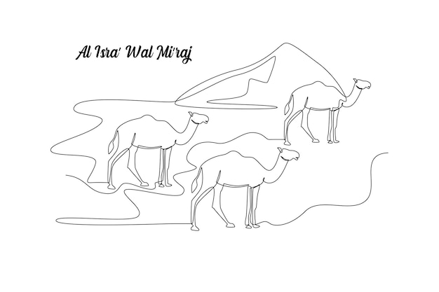 Непрерывный рисунок одной линии Верблюды в песчаной пустыне Исра Мирадж Концепция исламских событий Однолинейный рисунок дизайн векторной графической иллюстрации