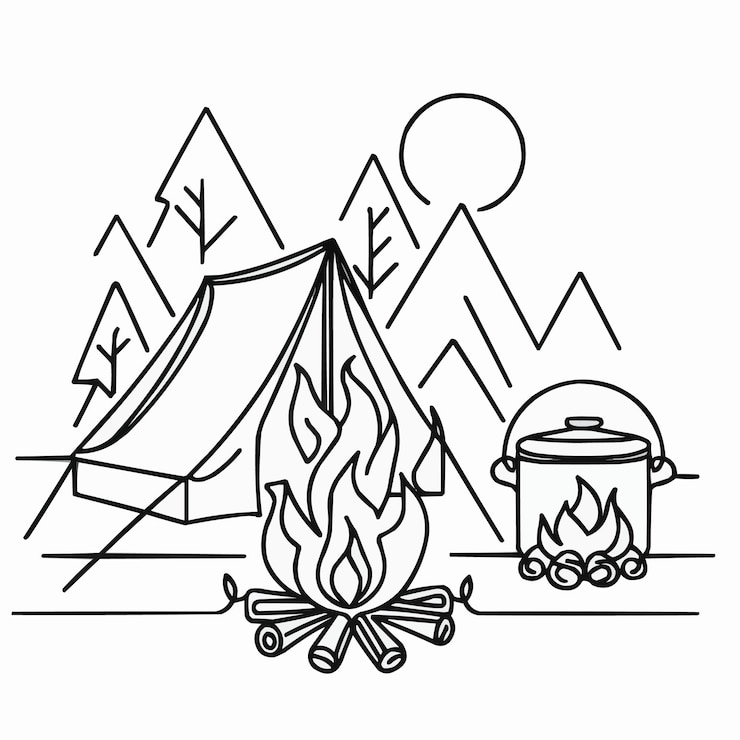 Vector continuous one line drawing of camping tent and bonfire bonfire and pot single line art vector illu