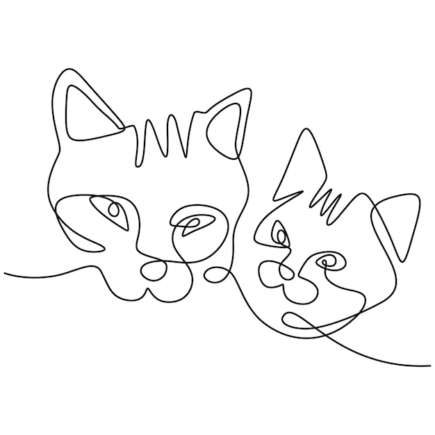 Continuous one line drawing of cat face couple Two cute kitten head minimalist art