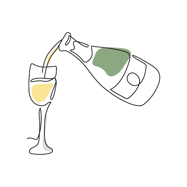 Continuous one line drawing of champagne bottle and glass with abstract shapes