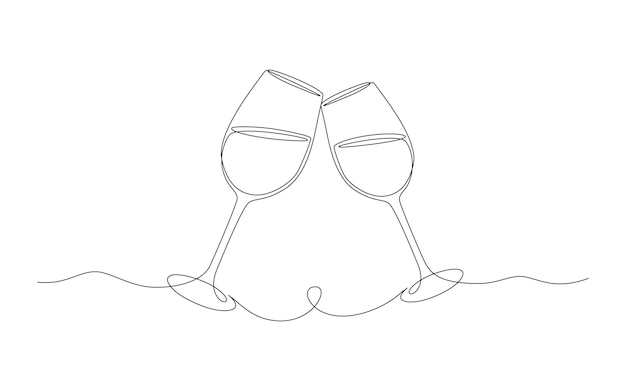 Continuous one line drawing of cheers two wine glasses minimalist linear concept of celebrateVector