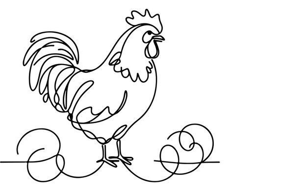 Disegno continuo di una linea di pollo o gallina contorno doodle vettore lineare su sfondo bianco