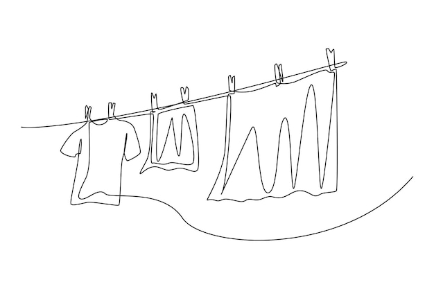 Continuous one line drawing clean clothes hanging on a rope Laundry service concept Single line draw design vector graphic illustration