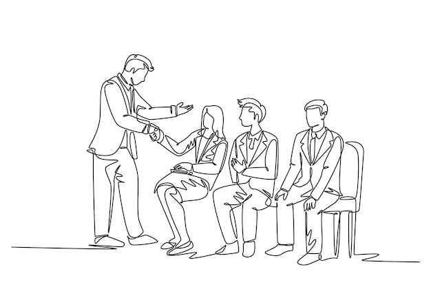 Continuous one line drawing company manager meet and handshaking employee candidates while sitting on chair to take job interview at front office Single line draw design vector graphic illustration