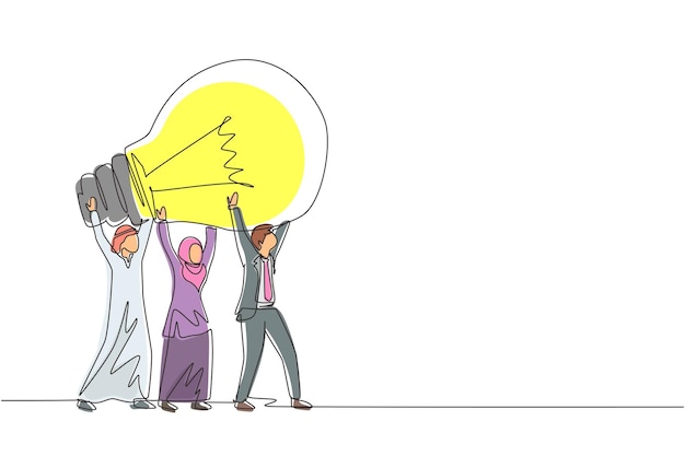 아랍의 남녀가 함께 일하는 팀워크의 연속적인 한 줄의 그림 개념은 전구를 들고 들어 올립니다.