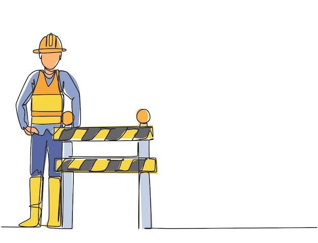 Vector continuous one line drawing a construction worker is standing next to the under construction board