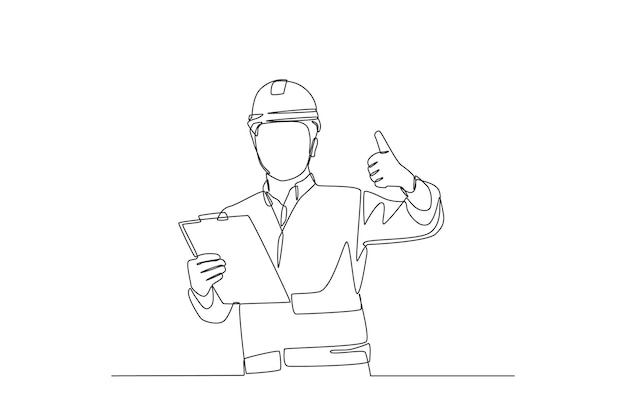 Continuous one line drawing construction worker using helmet and showing thumbs up outdoors road and building construction concept single line draw design vector graphic illustration