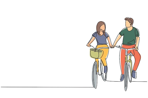 Continuous one line drawing couple cycling outdoors in summer Romantic cycling couple holding hands