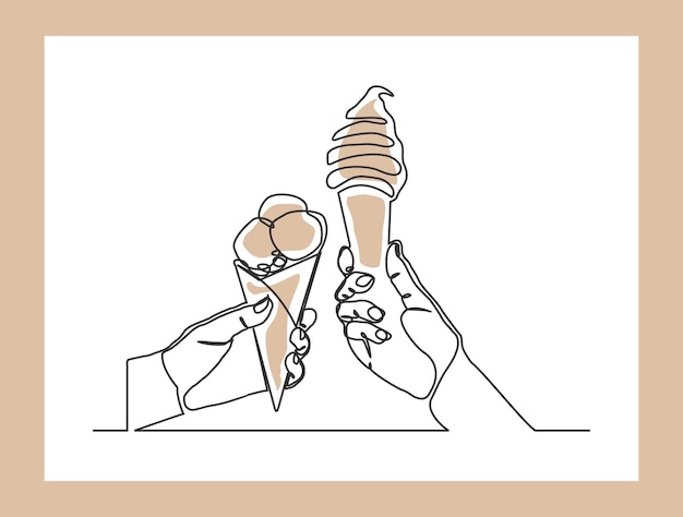 Disegno continuo di una linea delle mani delle coppie che tengono fresco dell'illustrazione di vettore del cono gelato