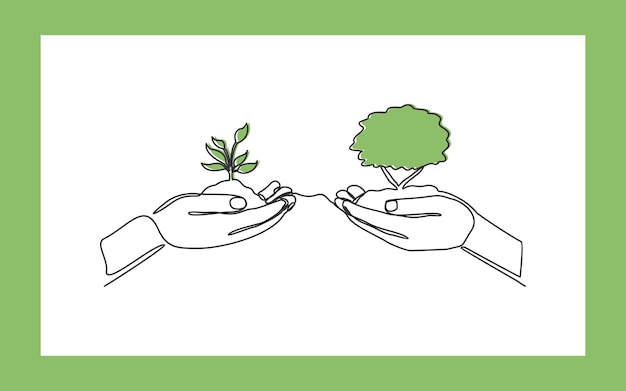 緑の若い植物のベクトル図を一緒に保持しているカップルの手の連続一線画