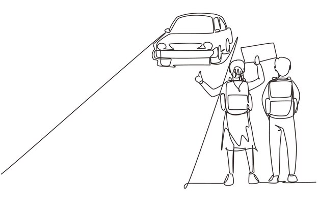 Vettore una linea continua che disegna una coppia di turisti con zaini e roba per il campeggio che fanno l'autostop.