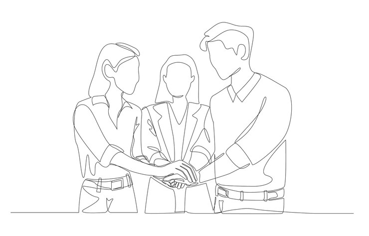 Vector continuous one line drawing of coworkers unite hands business teamwork or cooperation concept