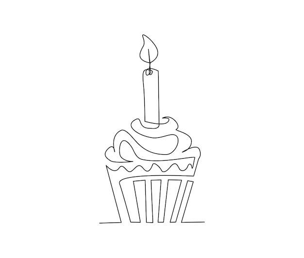 Continuous one line drawing of cup cake with candle party anniversary and celebration concept minimalism hand drawn vector illustration