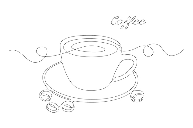 Continuous one line drawing of cup coffee with coffee bean and coffee lettering on white background