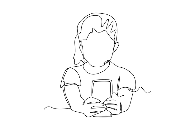 Continuous one line drawing cute little girl using smartphone Communication concept Single line draw design vector graphic illustration