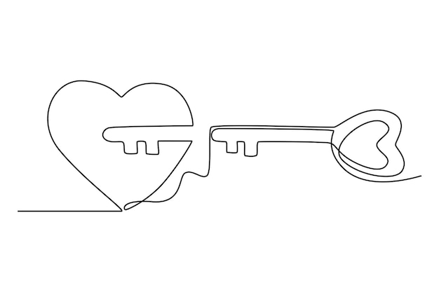 Continuous one line drawing cute pair heart shaped key and keyhole fit on puzzle symbol romantic love relationship couple mate marriage concept single line draw design vector graphic illustration