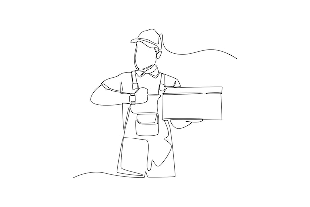 Continuous one line drawing delivery man with hand watch holding cardboard box timer concept single line draw design vector graphic illustration