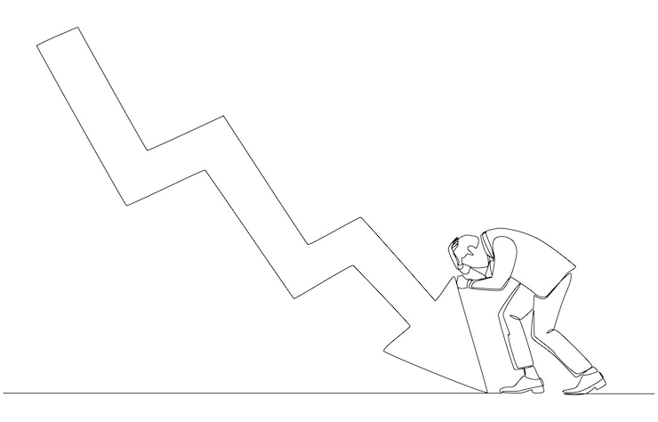 Vector continuous one line drawing of depressed businessman hitting downtrend graph with his fist