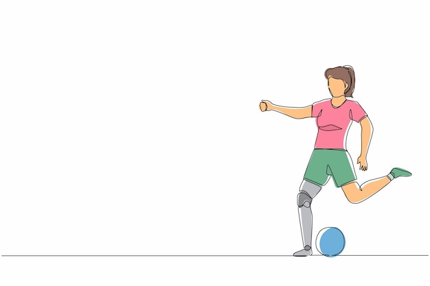Vettore disegno continuo di una linea disabile che gioca a calcio con una protesi della gamba illustrazione vettoriale di progettazione